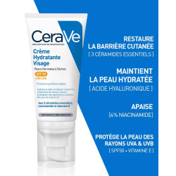 CERAVE Crème Hydratante Visage SPF50 pour peaux normales à sèches 52ml